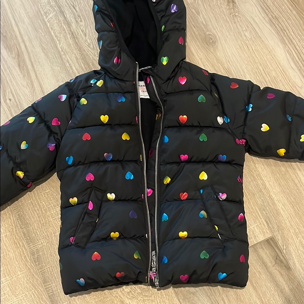 Old Navy Black Puffer Jacket with Colorful Hearts